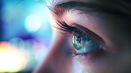 Close-up of a person's eye with a television in the background. Perfect for technology and media-related projects 
