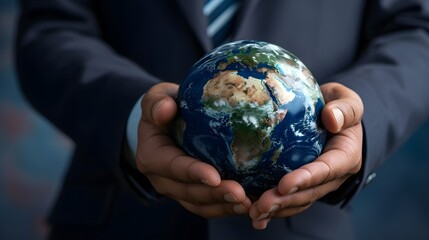 Close up of businessman hands holding Earth globe