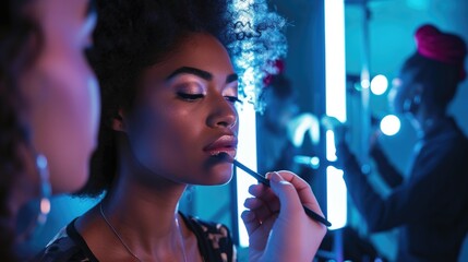 A snapshot of African American talented makeup artist creating stunning looks in a beauty studio - obrazy, fototapety, plakaty