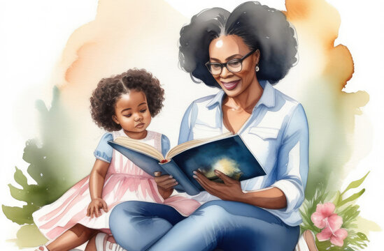 black woman reading interesting book to daughter. storytelling, parenting, children education.