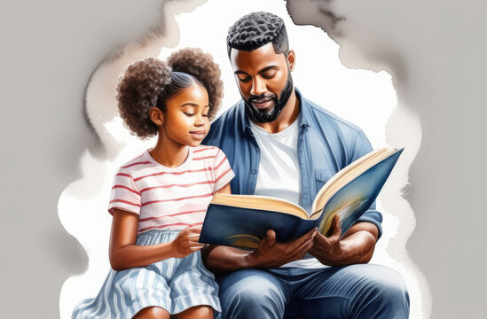 black father reading interesting book to her daughter. storytelling, parenting, children education.