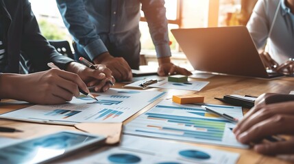 Business team collaboration discussing working with new startup projects, discussion and analysis of business charts and graphs. and brainstorming to strategy planning making a profit of the company