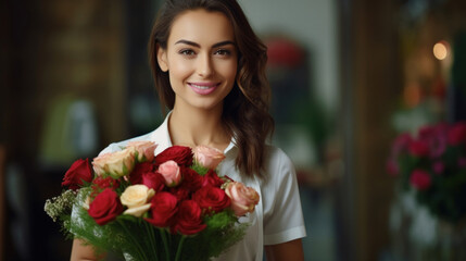 Fototapeta na wymiar Smiling young woman presenting a beautiful bouquet of mixed roses in a flower shop.