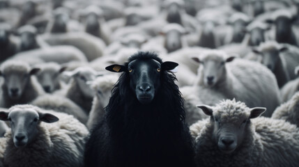 A unique black sheep stands out in a crowd of white sheep, symbolizing individuality and difference.