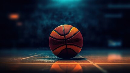 An indoor basketball court with an orange ball on an unmarked wooden floor under illuminated