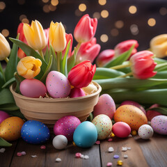 Obraz na płótnie Canvas Vibrant tulips and pastel easter eggs adorn the indoor table, creating a cheerful and festive scene for the spring holiday