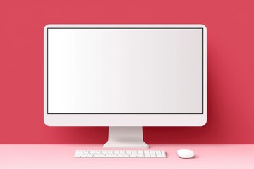 white plain computer with keyboard and mouse. pink background