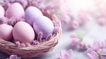 Fototapeta na wymiar A vibrant spring basket brimming with pastel easter eggs and delicate lilac flowers, evoking feelings of new beginnings and the joy of the season