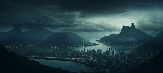 City Enveloped: Moody Portrait Surrounded by Mountains under a Black Sky on Rainy Days