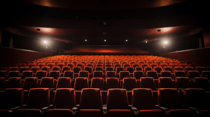 Dark and empty cinema hall with rows of red seats facing a blank screen, suggesting anticipation.