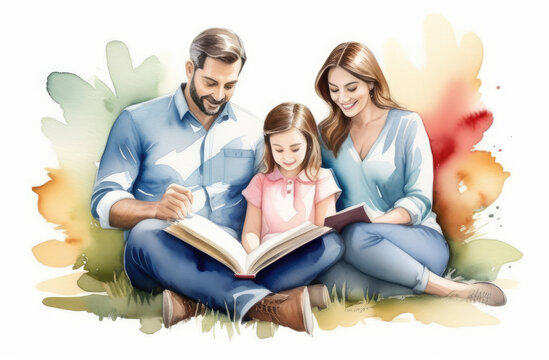 storytelling, parenting, children education. caucasian parents reading interesting book to daughters