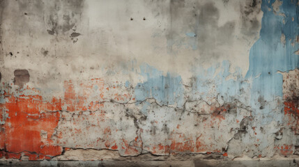 Aged and weathered wall texture with layers of peeling blue and orange paint, depicting decay and...