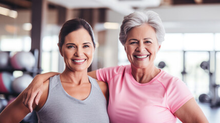 Two joyful women sharing a moment of companionship during a workout session at a fitness club.