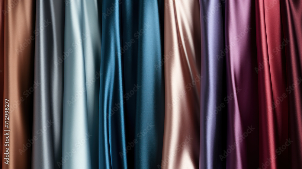 Poster rows of satin fabric rolls displayed in a spectrum of rich colors, showcasing textures and sheen.