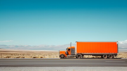 An orange truck is parked on the side of the road. This versatile image can be used to illustrate transportation, automotive, or roadside concepts  - obrazy, fototapety, plakaty
