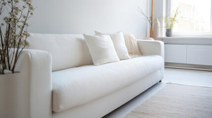 A chic white sofa adorned with comfortable pillows in a minimalist living room filled with natural light.