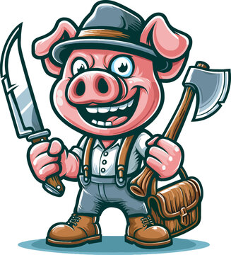 illustration of a pig with knife and axe