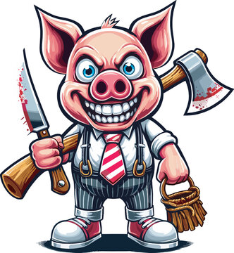 cartoon character pig holding knife and axe