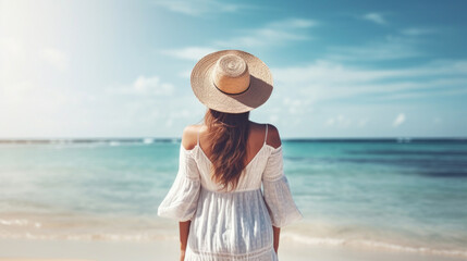 Fototapeta na wymiar Back view of a woman wearing a straw hat and white dress, looking out over a serene ocean horizon from the beach.
