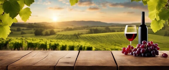 Wooden empty rustic table with red grape, on blurred vineyard landscape background natural organic 