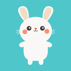 Obraz na płótnie Canvas Cute white standing bunny rabbit hare silhouette icon. Funny smiling face head. Pink cheeks. Happy Easter. Kawaii cartoon baby character. Valentines Day. Blue background. Flat design.