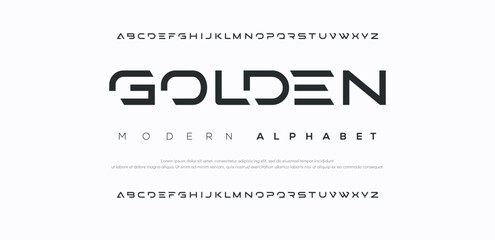 Golden Creative modern alphabet. Dropped stunning font, type for futuristic logo, headline, creative lettering and maxi typography. Minimal style letters with yellow spot. Vector typographic design	 - obrazy, fototapety, plakaty
