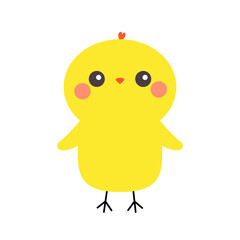 Chicken bird icon. Happy Easter. Cute cartoon kawaii baby character. Funny face with pink cheeks. Kids education. Greeting card. Yellow color. Flat design. Isolated. White background.