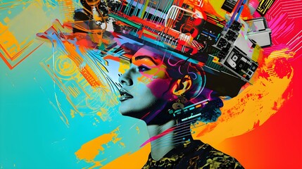 vibrant modern art poster collage of a woman with technology items and elements on her head. A concept of digital load overwhelming