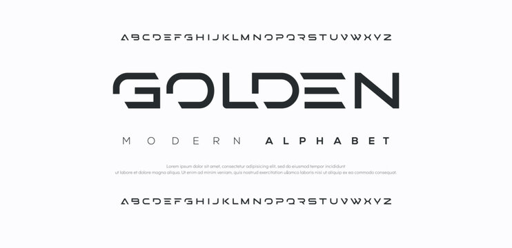 Golden Creative modern alphabet. Dropped stunning font, type for futuristic logo, headline, creative lettering and maxi typography. Minimal style letters with yellow spot. Vector typographic design	