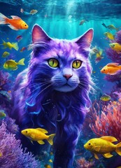 Fototapeta na wymiar Purple cat looks at a beautiful fish in the sea | Fantasy | Pleasant dream of a cat