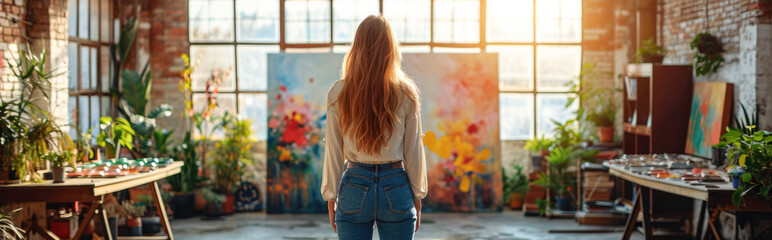 Blonde girl with long hair standing in front of the easel - obrazy, fototapety, plakaty