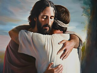 Jesus Christ hugging and comforting a man, oil painting - obrazy, fototapety, plakaty