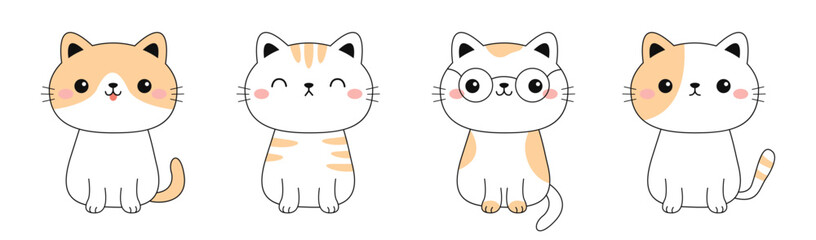 Cute cat set. Sitting kitten in glasses, sleeping, happy kitty. Funny kawaii smiling doodle animal. Face line contour silhouette icon. Cartoon baby pet character. Flat design. White background.