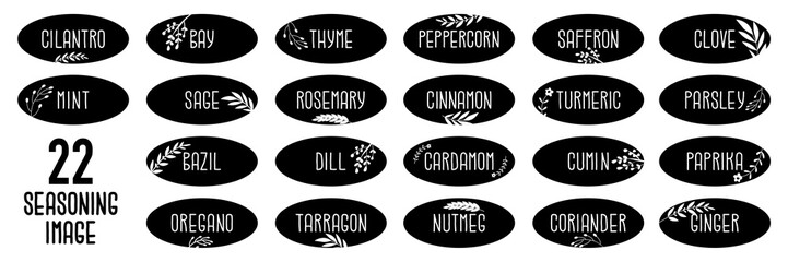 Set of 22 spice labels. Names of seasonings for cooking. Recipe ingredients. Vector illustration isolated on transparent background.