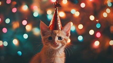 little kitten celebrates his birthday, Christmas or New Year. A kitten in a shiny cap against a...