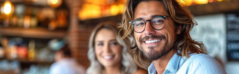 Portrait of happy man in eyeglasses and woman in cafe