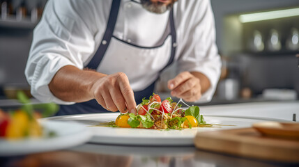 Obraz na płótnie Canvas Close-up of chef preparing an elegant plate of food. Image artificial intelligence