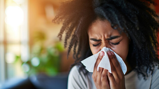 Portrait of a sick woman who has the flu blows her nose into a tissue , winter cold and cough concept image