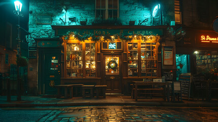 Wide-Angle Night Shot of a Festively Decorated Irish Pub in Film Style