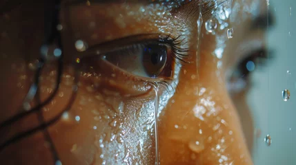 Fotobehang Close-up of eyes and face and a strong fearless asian athlete woman under pouring rain © Keitma