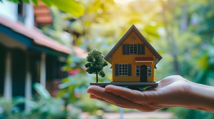 hand is seen holding a miniature model of a house. This image can be used to represent concepts such as real estate, homeownership, architecture, or investment