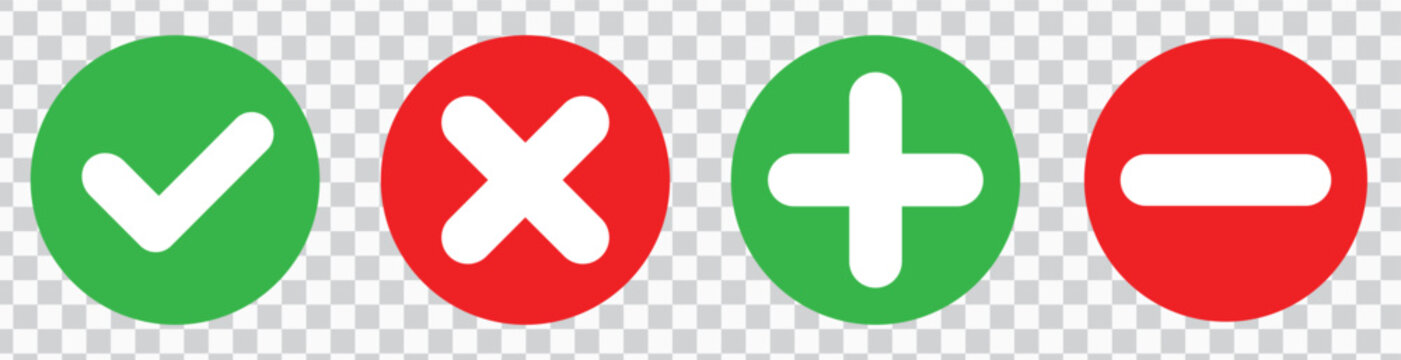 Set of flat round check mark, X mark, plus sign and minus sign icons, buttons isolated on a white background. EPS10 vector file