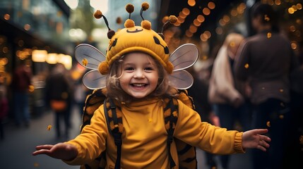 Funny happy girl wearing cute bee costume, cityscape background. Be yourself, motivational quote concept, celebrating World Bee Day or Halloween holiday festive season greeting invitation card banner.
