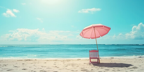 Little pink parasol and chair on the beach summer - obrazy, fototapety, plakaty