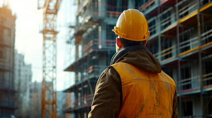 Back view at construction worker wearing hardhat while standing at high rise building.