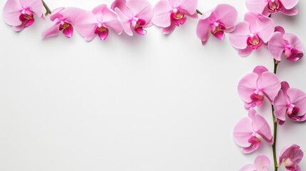 Flowers trendy composition. Purple orchid flowers on white background.