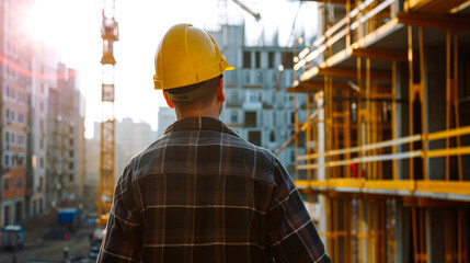 Back view of builder man looking at construction site.