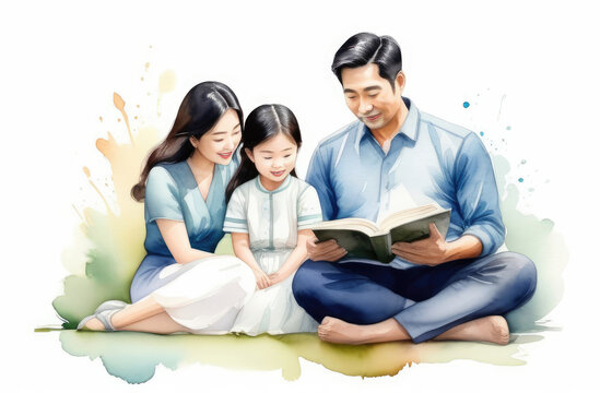 asian parents reading interesting book to their daughter. storytelling, parenting, education