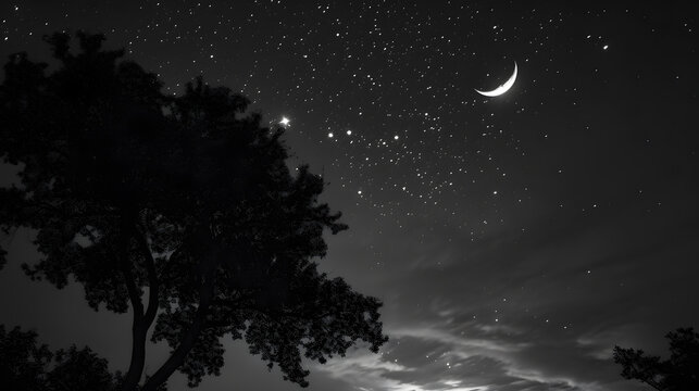 Long-Exposure Black and White Photography of a Serene Night Sky