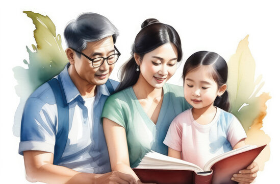 asian parents reading interesting tale to their daughter. parenting, storytelling, education